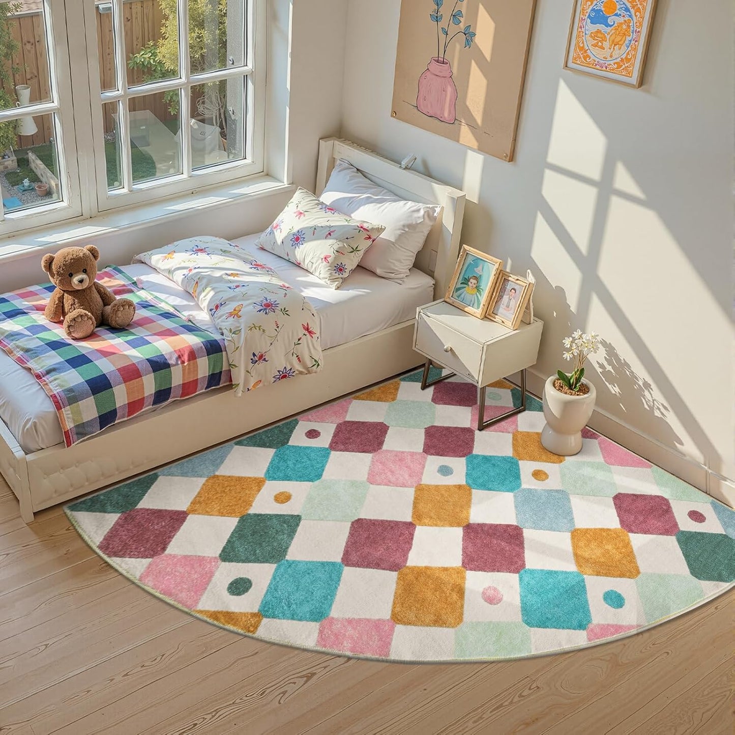 jinchan Macy Kids Rug for Nursery 6ft Radius Corner Washable Area Rug Modern Colorful Quarter Circle Rug Soft Non-Slip Carpet for Bedroom Playroom Daycare Reading Nook Classroom Confetti on Cream