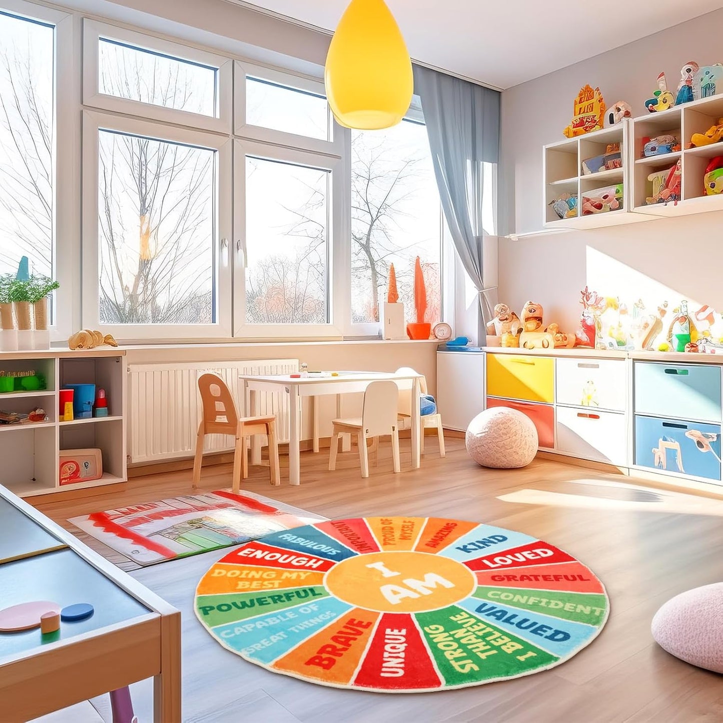 Corner Boho Nursery Sun Rug Positive Words Round 4 ft for Kids Playroom Washable Educational Rug Motivational Soft Circle Mat Back to School for Classroom Reading Dorm(Rainbow Color)