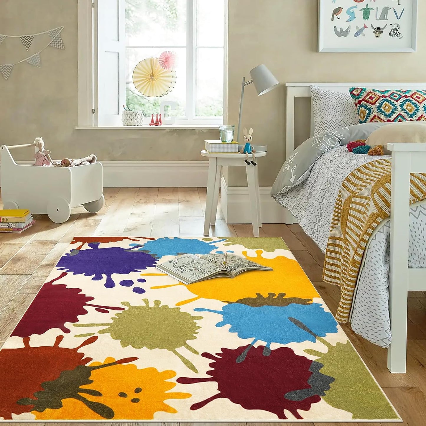 STARUIA Colorful Area Rug, 5'x7' Classroom Rug for Kids, Paint Splash Washable Rugs for Playroom, Non-Slip Rainbow Nursery Rugs Soft Living Room Carpet for Bedroom Dining Room Kids Room