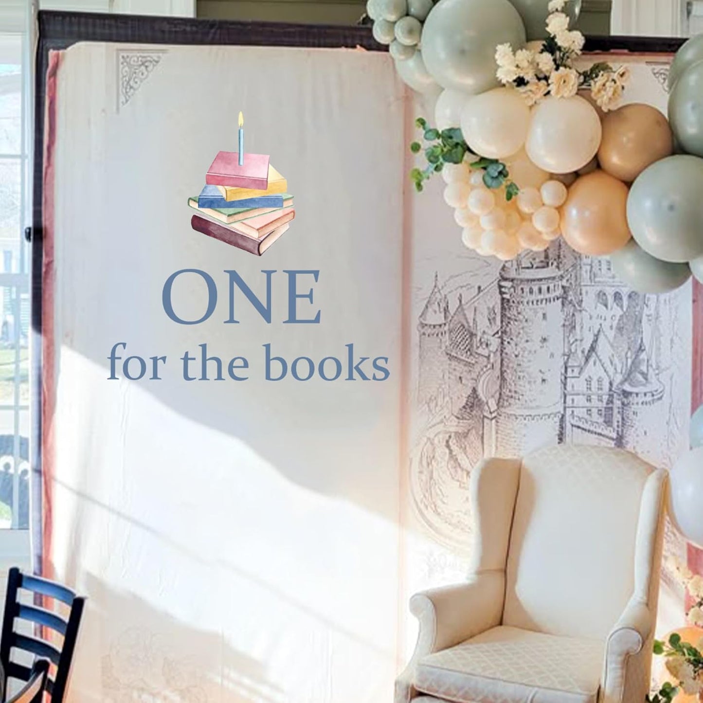 Upfirst One for Books Decal - Storybook 1st Birthday Decoration,Reading Library fi rst Birthday Decor for Girls or Boys,Books Sign Decal for Balloons Arch Backdrop (blue book decal)