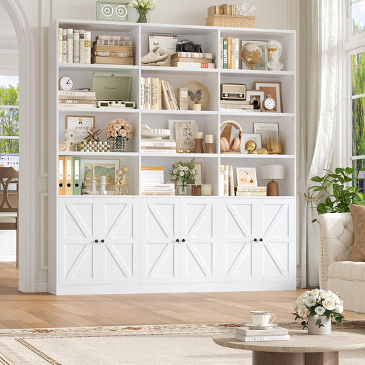 FACBOTALL 75" Triple Wide Bookshelf, White Bookshelf and Bookcase with 6 Farmhouse Doors, 71" Wide 6 Tier Book Shelf with 18 Storage Shelves, Large Wooden Bookshelves, Tall Bookcase for Office, White