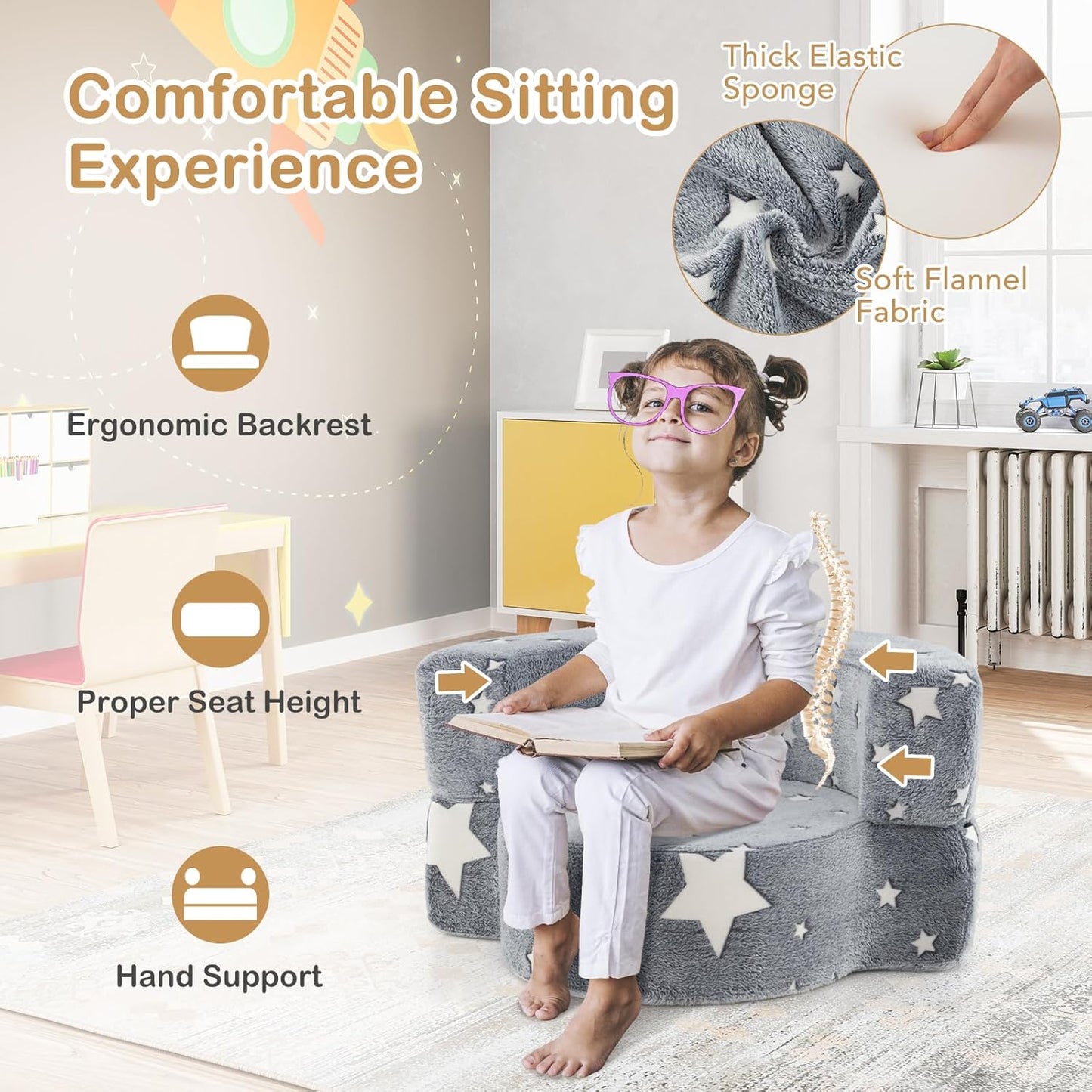 Costzon Kids Couch, 2 in 1 Convertible Toddler Reading Chair Sofa Glow in The Dark with 8-inch Sitting Cushion, Flannel Cover, Lightweight Children Plush Sofa Chair for Boys Girls Gifts