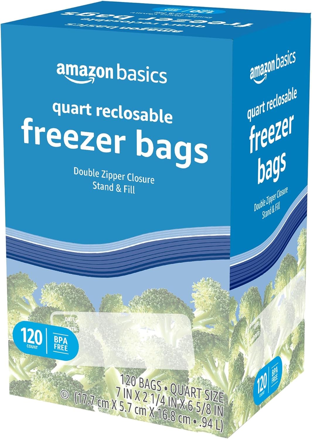 Amazon Basics Reclosable Freezer Quart Food Storage Bags with Zipper Seal, BPA Free, Stand and Fill, Airtight, 120 Count (Previously Solimo)