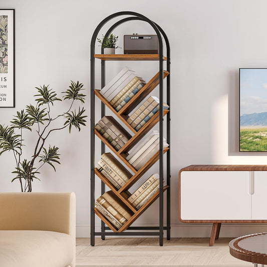 HOOBRO Tree Bookshelf, 8-Tier Floor Standing Bookshelf, Storage Organizer Bookcase for Books/CDs, Wooden Arched Tall Bookshelf for Living Room, Bedroom, Study, Rustic Brown and Black BF07SJ01
