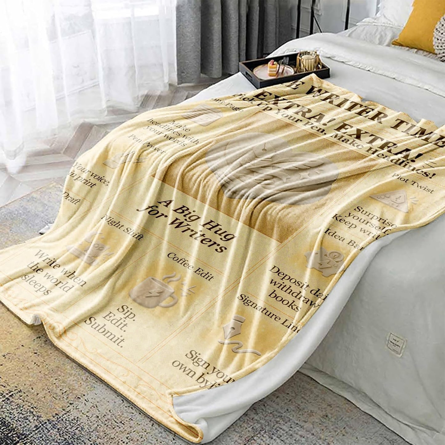 Writer Blanket 60x50 Flannel Throw, Vintage Press Newspaper-Inspired Aesthetic, Cozy Gift for Authors, Journalists & Editors, Soft Couch Decor for Reading Nook