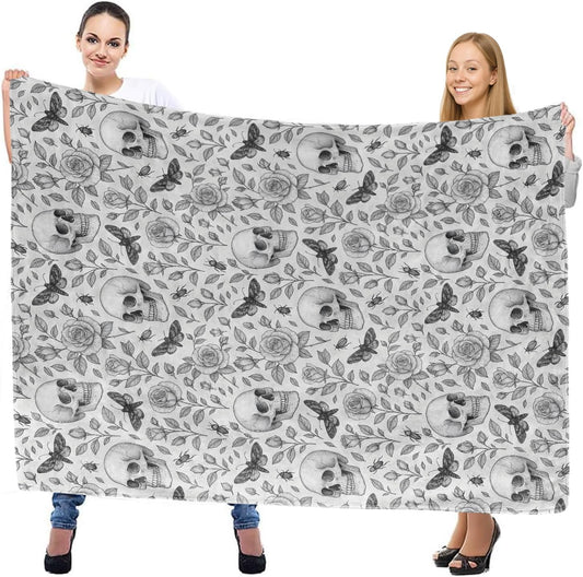 Gothic Skull and Rose Throw Blanket, Lightweight Warm Floral Flannel Blanket with Flowers Moth, Black and White Art Home Decor and Gifts, Soft Cozy Blankets for Women Men, 50"x60" for Bed Couch Travel