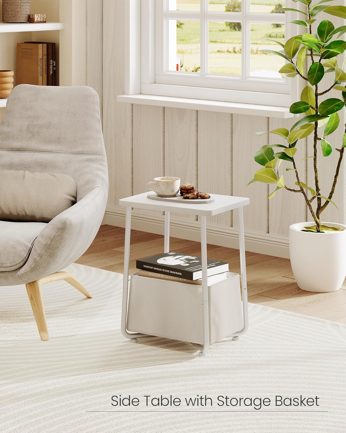Nursery Side Table, Small End Table for Small Spaces, Nightstand with Fabric Basket, for Nursery, Living Room, Bedroom, White TBZ13WB