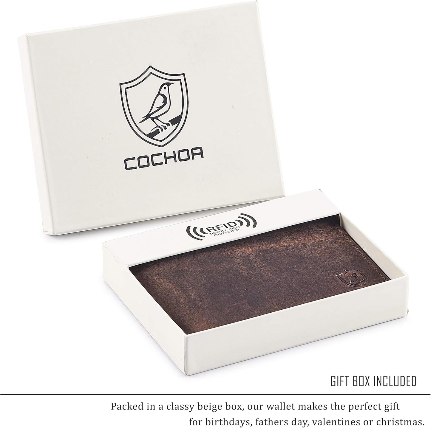 Wallet for Men Slim RFID Blocking Leather Bifold Minimalist 2 ID Windows Gift Box Carteras Para Hombres (CRAZY HORSE, COGNAC)