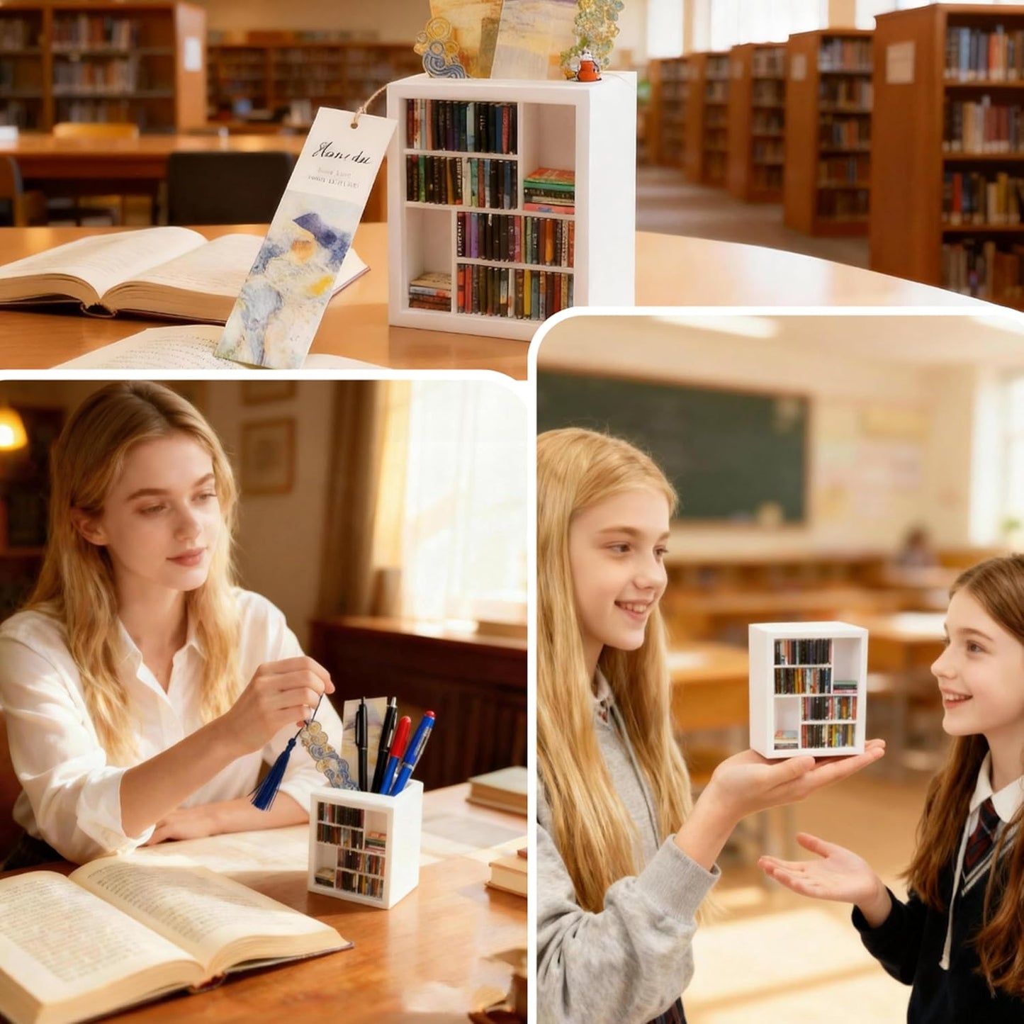 Bookmark Holder Mini Bookshelf for Book Lovers, Decorative Bookmark Display with 100 Mini Books, Small Anxiety Bookshelf, Bookish Gifts and Bookish Items for Reading Nooks (White)