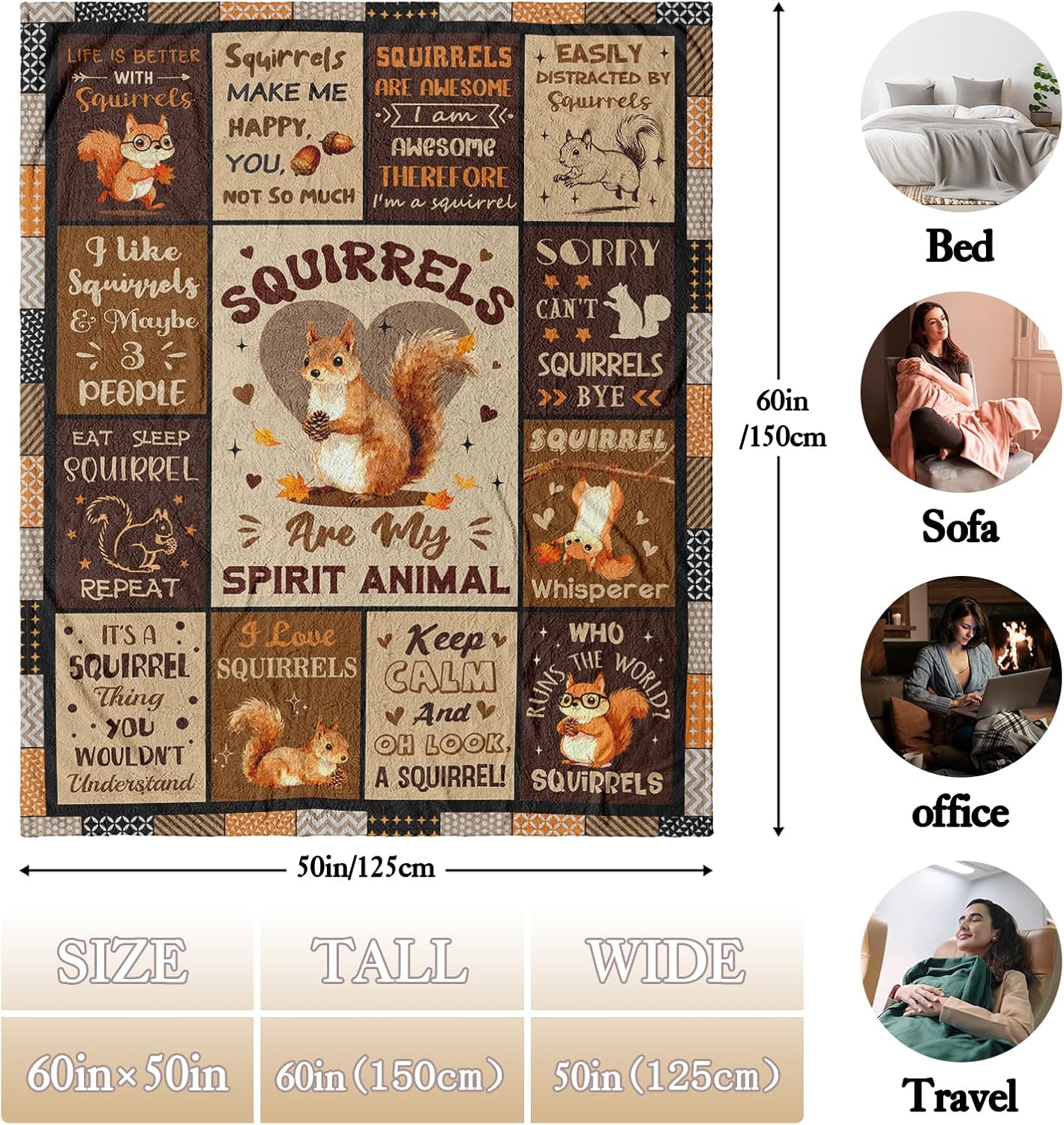 Squirrel Gifts Blanket 50" X 60", Squirrel Lover Gifts for Women/Men, Funny Squirrel Accessories Stuff for Boys/Girls