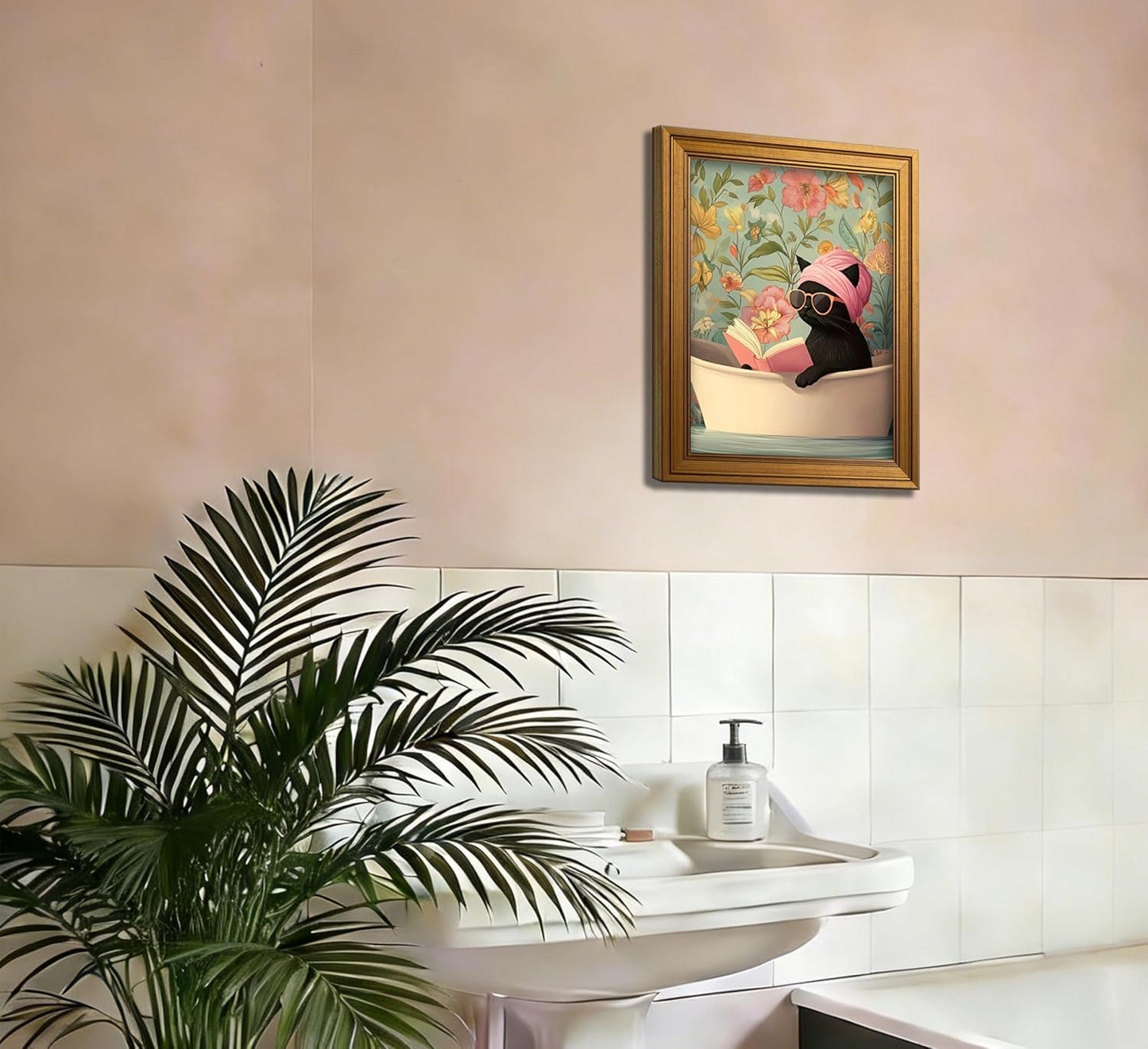 AkmttkDs Vintage Floral Black Cat Bathroom Wall Art, Funny Cat in Bathtub Poster, Retro Boho Flower Botanical Print, Humorous Pet Lover Gift, Unframed 12x16 Inch Canvas Wall Decor for Restroom