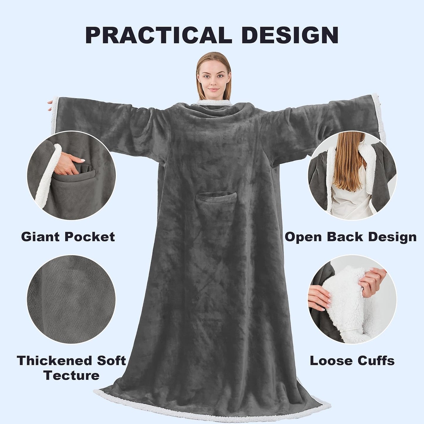 Ramees Sherpa Wearable Blanket with Sleeves and Pockets, Soft Warm TV Blanket Throw for Men and Women