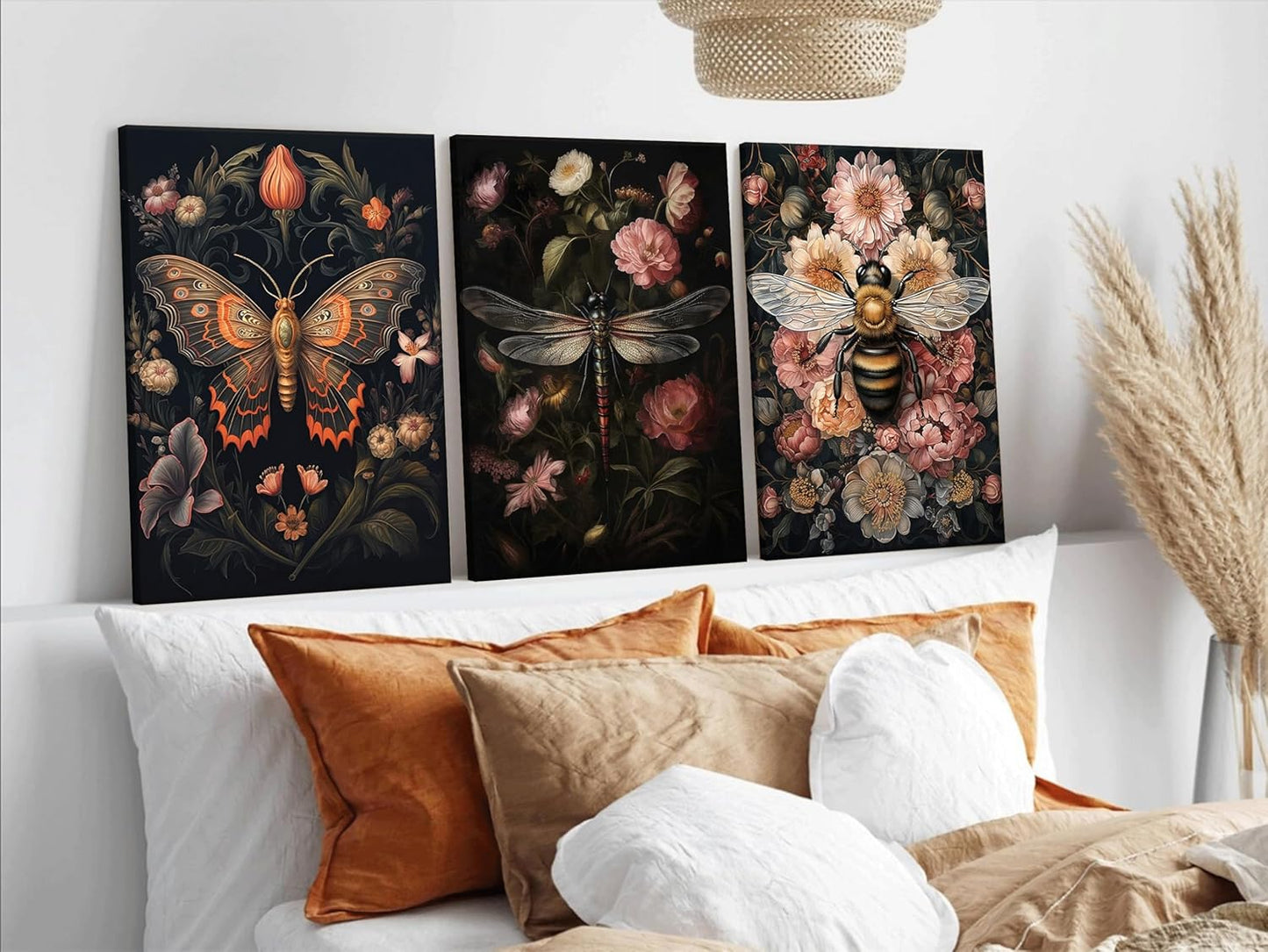 3pcs Dark Floral Canvas Wall Art Vintage Butterfly Dragonfly Bee Painting Picturts Wall Decor Gothic Dark Academia Aesthetic Posters Print Artwork for Bedroom Living Room Home Decoration 12x16in