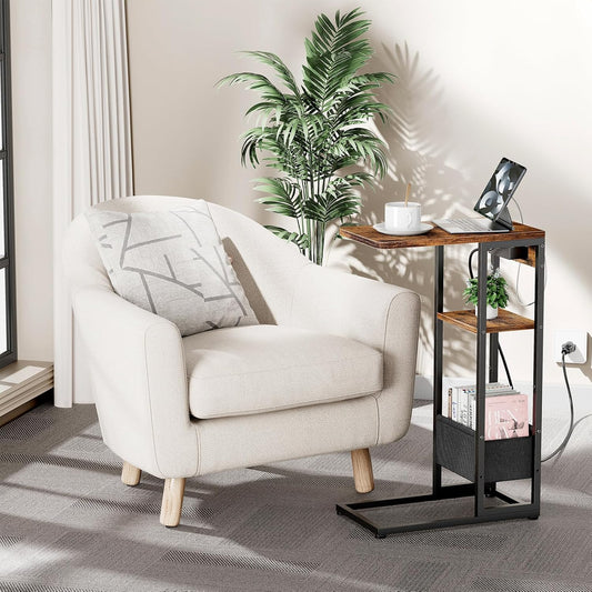 C-Shaped End Table with Charging Station — 3-Layer, Storage Bag, AC Outlet, USB Ports, Slide-Under Sofa Desk