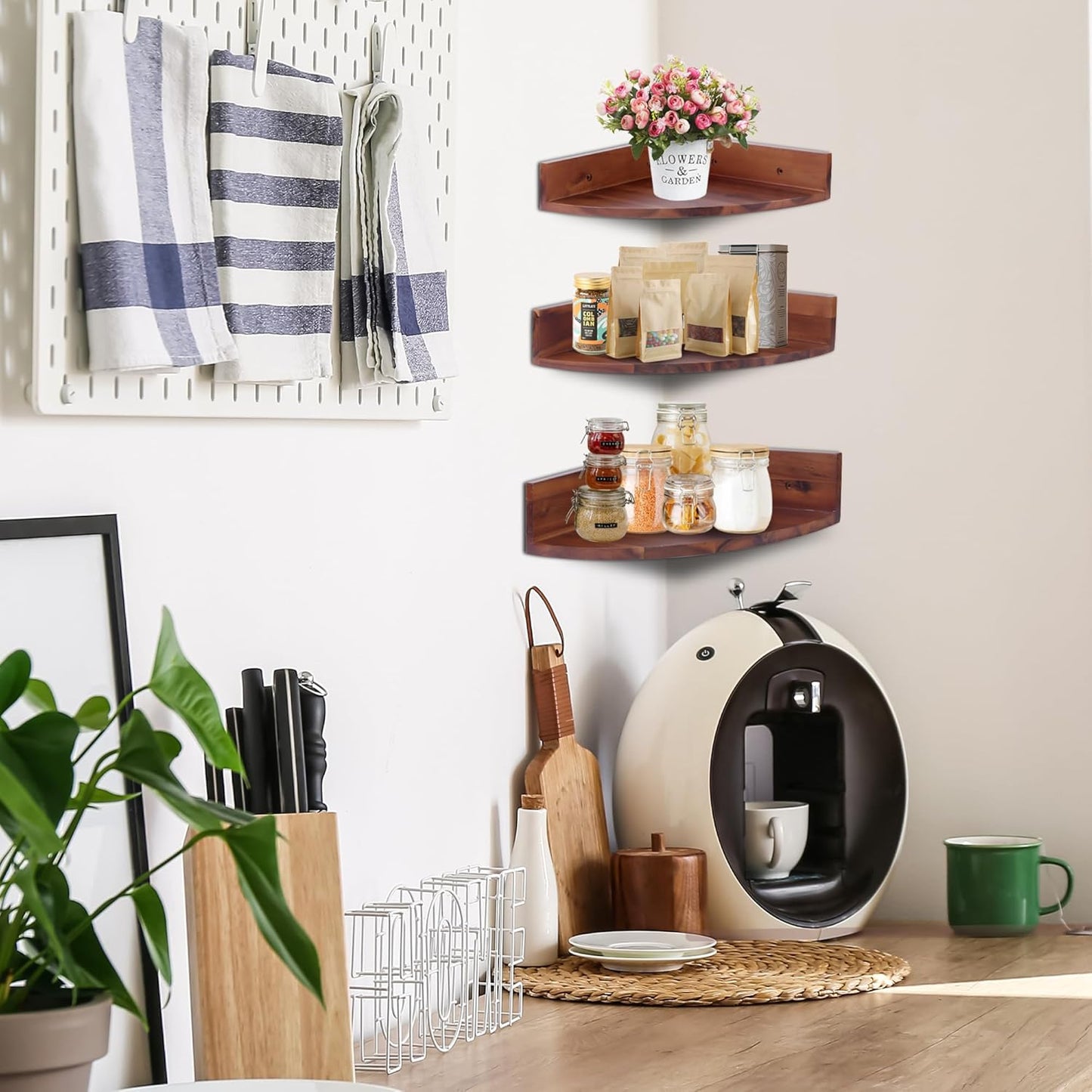 Demigo Corner Shelf Wall Mount Set of 3, Solid Acacia Wood Round Floating Corner Shelves for Storage and Display, Hanging Wood Shelves for Bedroom, Kitchen, Living Room, Bathroom (Brown)