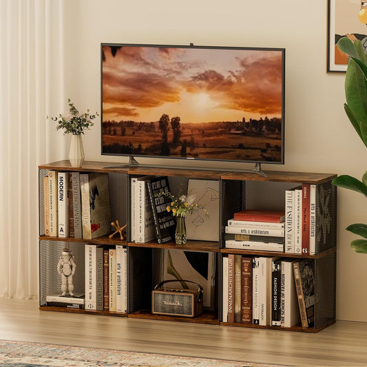 Small Bookshelf 2 Tiers Bookshelf for Small Spaces DIY Variable Stackable Cube Storage Organizer for Kid Bedroom,Living Room, Black Brown Wooden,2 Tiers Non-Detachable