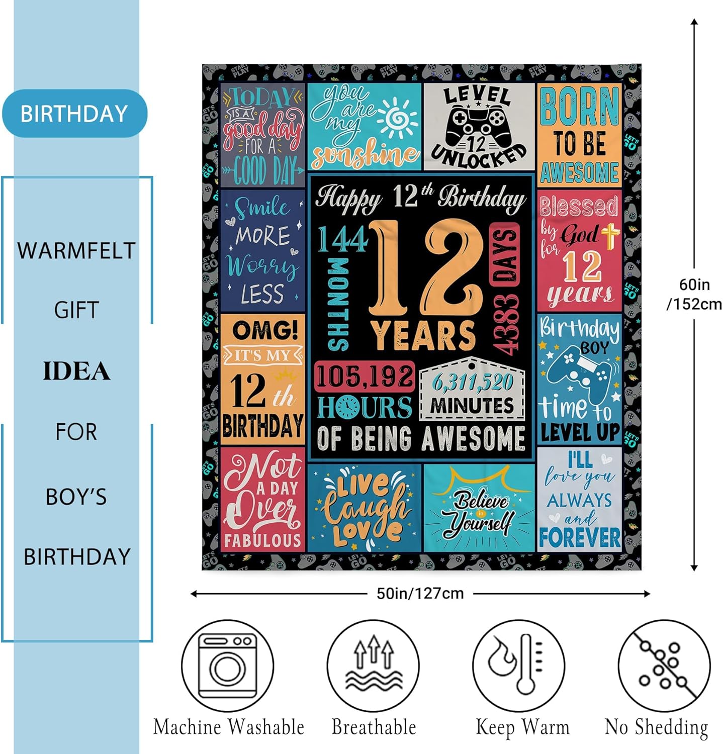12 Year Old Boy Gift, Best Birthday Gifts for 12 Year Old Boy, Boys Age 12 Gifts Ideas, 12 Yr Old Gifts for Boys, 12th Birthday Decorations Blanket 60"X 50", Soft Warm Cozy Throw for Bed Sleep