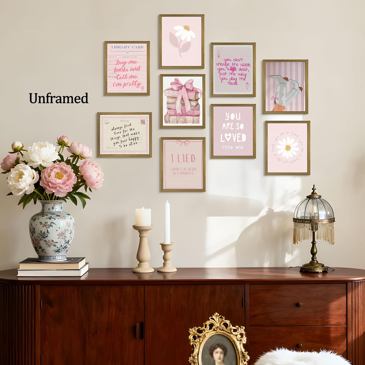 XYHYRA Pink Wall Art Painting Set of 9, Pink Preppy Girly Quote Canvas Prints Painting, Romantic Bow Books Daisy Poster Aesthetic Room Decor for Teen Girls Bedroom Dorm 8x10 Inch Unframed