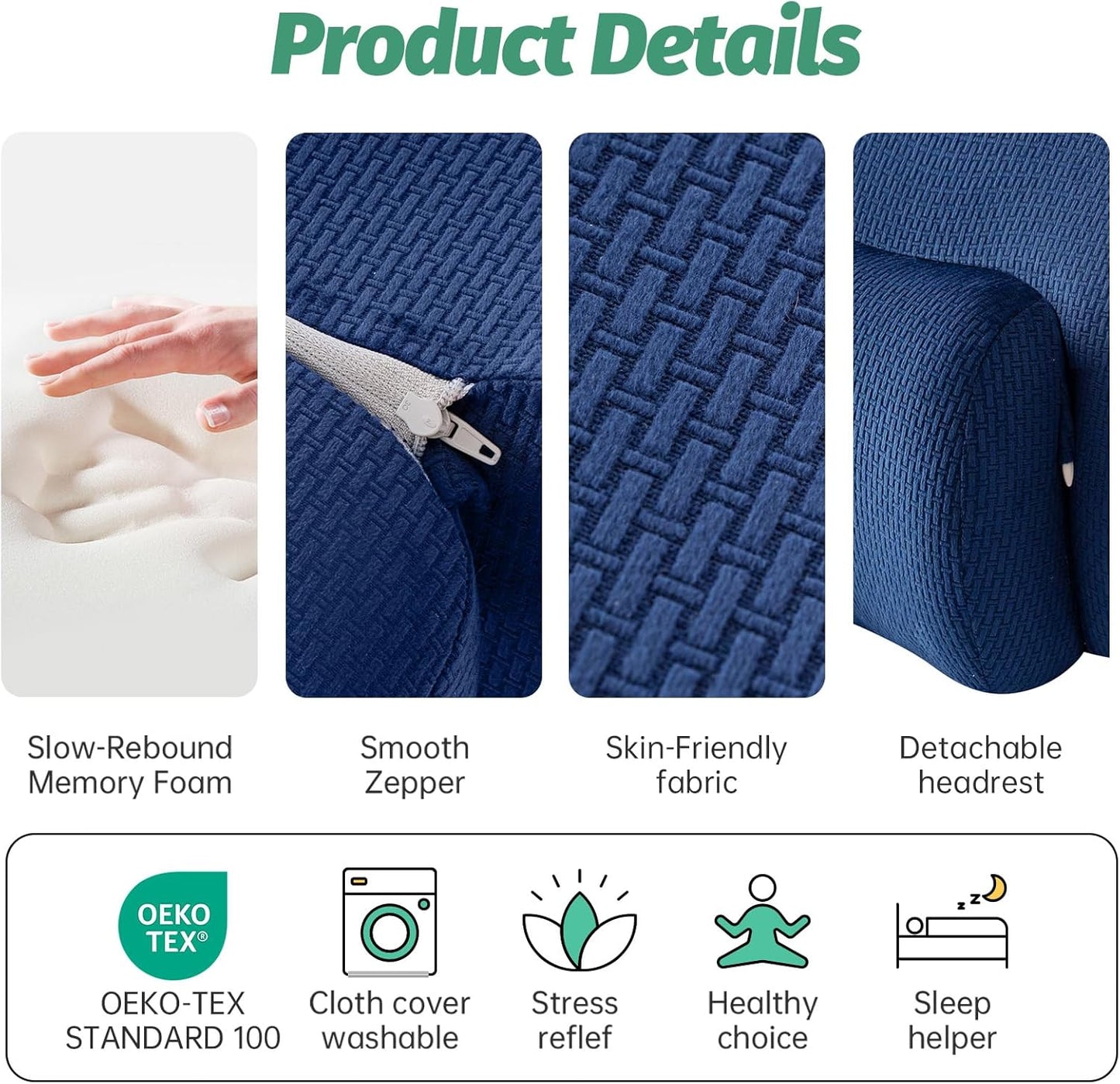 King Size Wedge Pillow for Firm Support, Ergonomic Memory Foam Prone Pillow for Reading & Stomach Sleeping, Back/Leg Relief with Removable Head Rest, Washable Cover