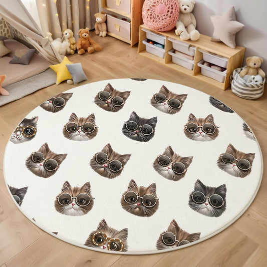 Round Area Rug, 2Ft Washable Non-Slip Beige Fun Sunglasses Cats Circle Rug, Soft Low-Pile Animal Theme Indoor Small Circular Carpet for Bedroom Entryway Dining Living Room