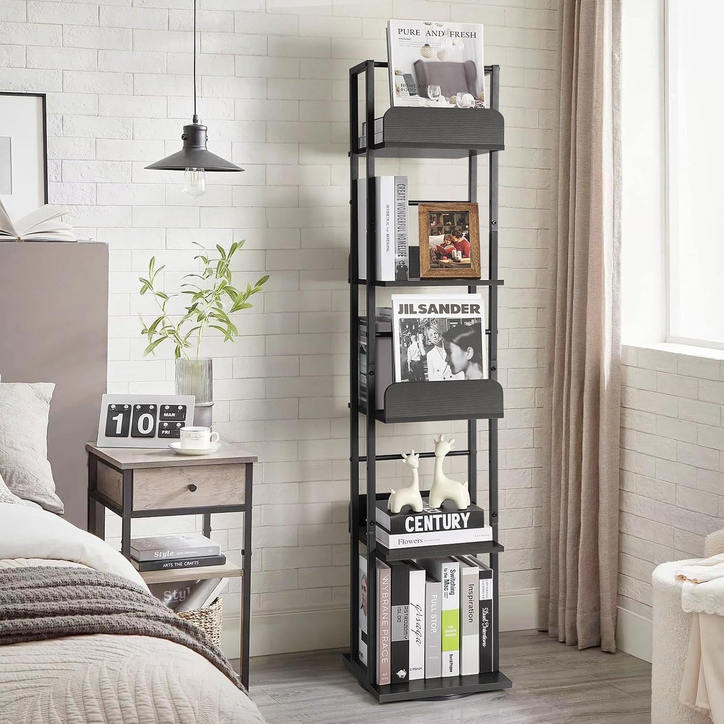 Bikoney Rotating Bookshelf, 5-Tier Bookshelves Tower for Corner, Small Narrow Bookcase, Tall Industrial Bookshelf, Wood and Metal Black
