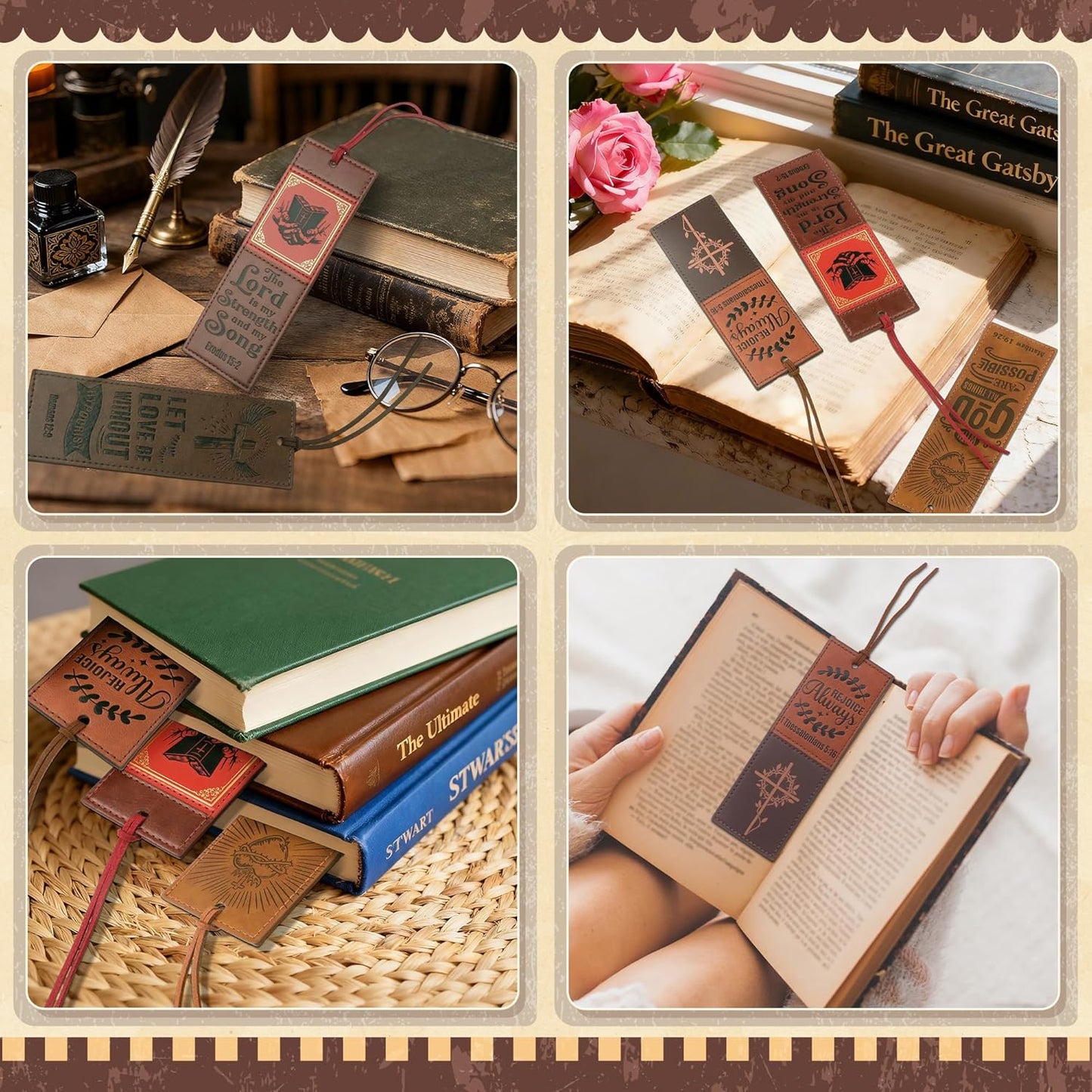 4PCS Leather Bookmark Bible Bookmarks for Reading Women Men Teacher Book Lovers Gifts, Handmade Vintage Religious Christian Bookmark Page Markers Inspirational Bible Verse Scripture Book Marks
