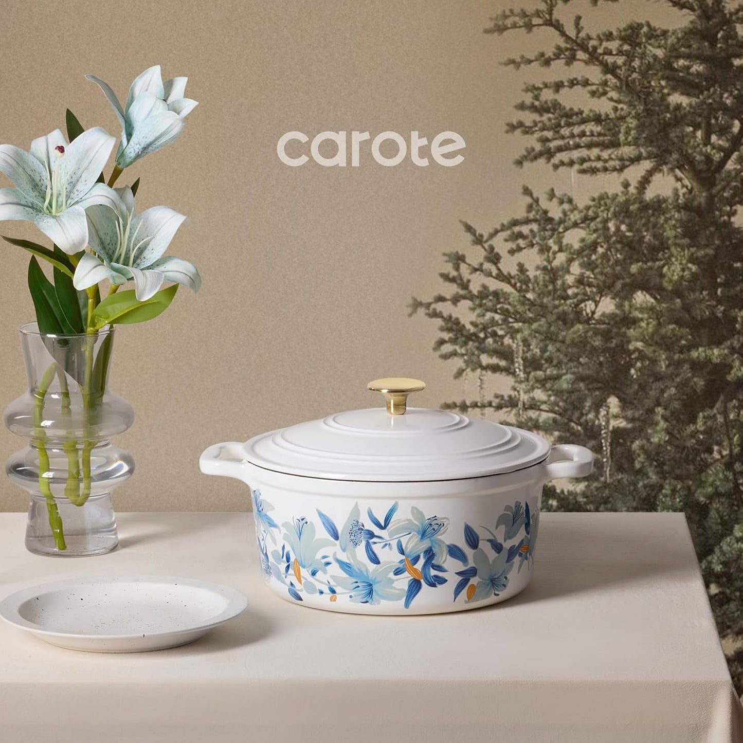 CAROTE 5 QT Cast Iron Dutch Oven Pot with Lid, Enameled Floral Dutch Ovens with Cotton Potholders & Oven Gloves, Gift Box, Cast Iron Pot for Sourdough Bread Baking, Braising, Stews, Roasting, Dual Handles, All Stovetop Compatible, Oven Safe up to 500° F,