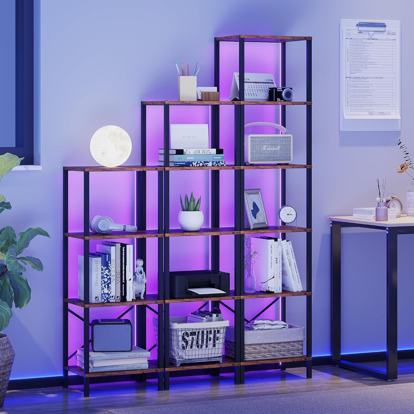 6-Tier Bookshelf, Tall Narrow Bookcase with LED Lights, Book Shelf with Steel Frame, Display Storage Shelf for Living Room, Bedroom, Home Office, Study, Balcony, Rustic Brown