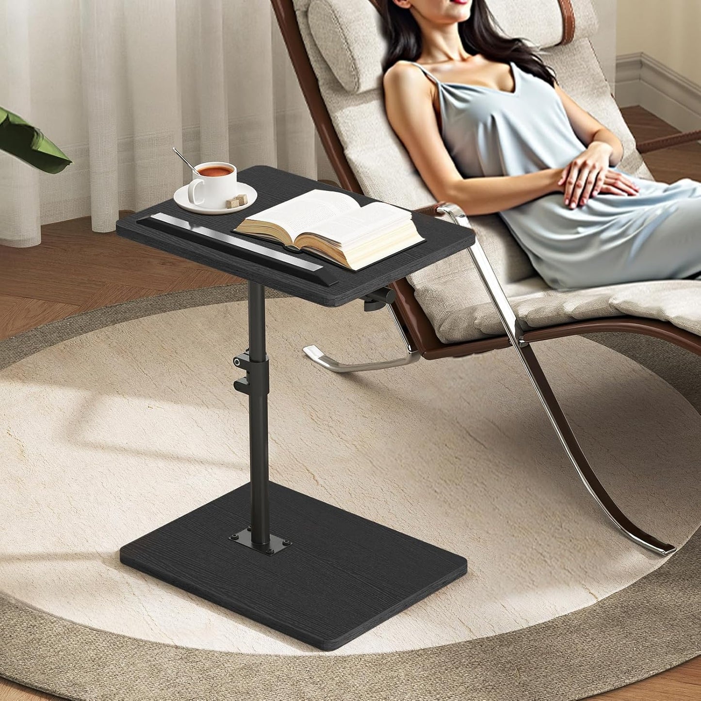 TV Tray Table, Sofa Armrest Tray Table for Couch, 360° Swivel Height Adjustable End Table, Snack Side Table with Phone and Tablet Slot, C Shaped Black ETBK4501