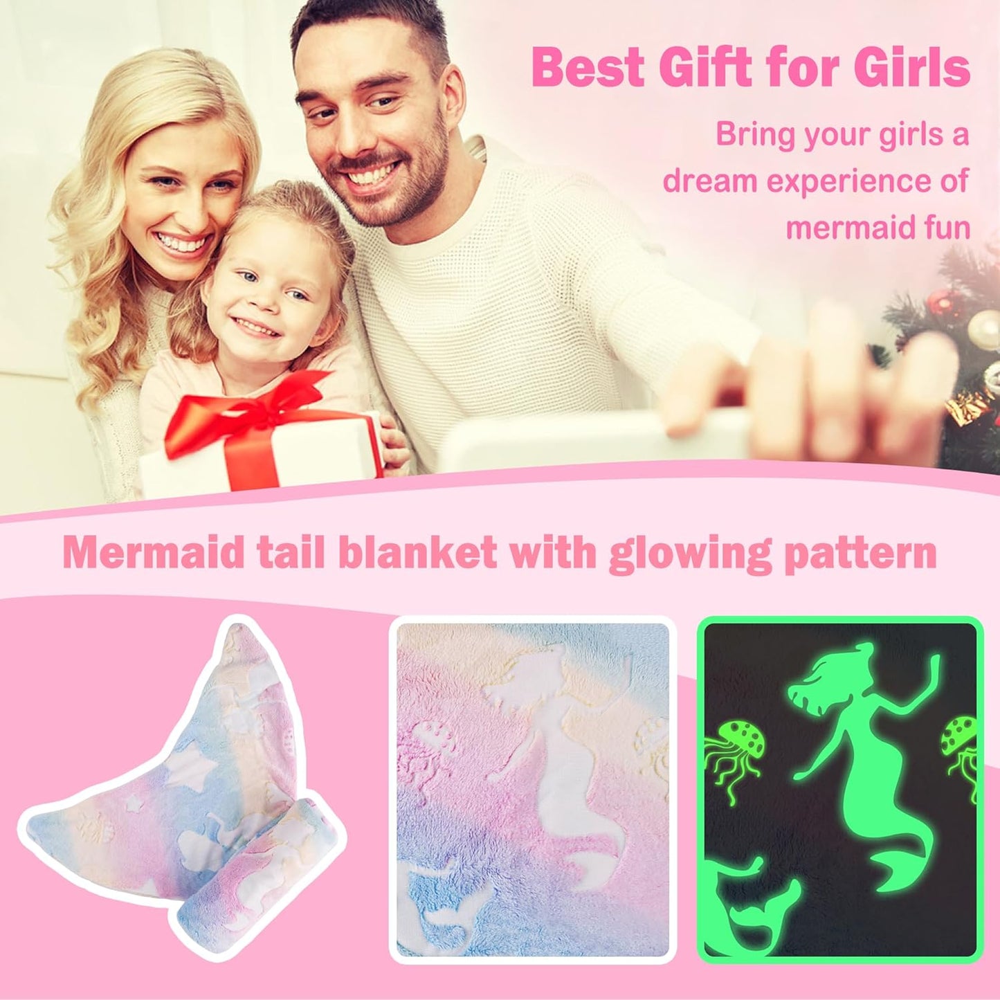 Viviland Kids Mermaid Tail Blanket - Mermaid Tail Blankets Glow in The Dark - Flannel Mermaid Blanket Gifts for Girls - Luminous Unicorn Super Soft Tie Dye Girls - Multicolor Jellyfish 17"×39"