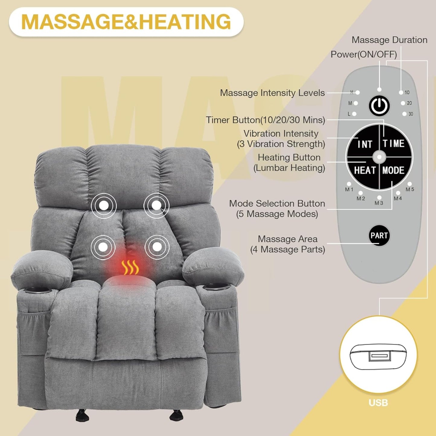 Electric Massage Recliner Chair with Vibration Gently Heat Fabric Ergonomic Manual Overstuffed Rocker Lazy Boy Chairs for Living Room Bedroom