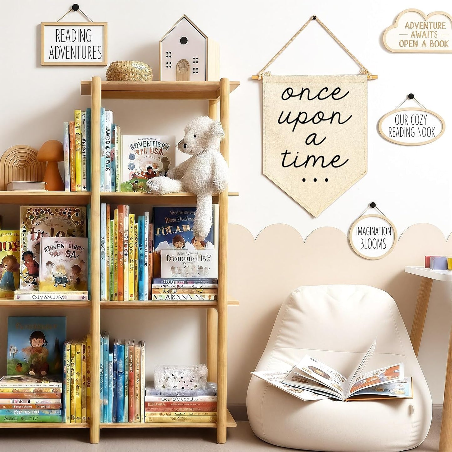 Once Upon a Time-Nursery Bedroom Playroom Decor Bookshel Bookcase Reading Corner-Birthday Christmas Gift-Hanging Pennant Flag Banner Wall Sign Decor Gift for Baby Kids Girl Boy Teen