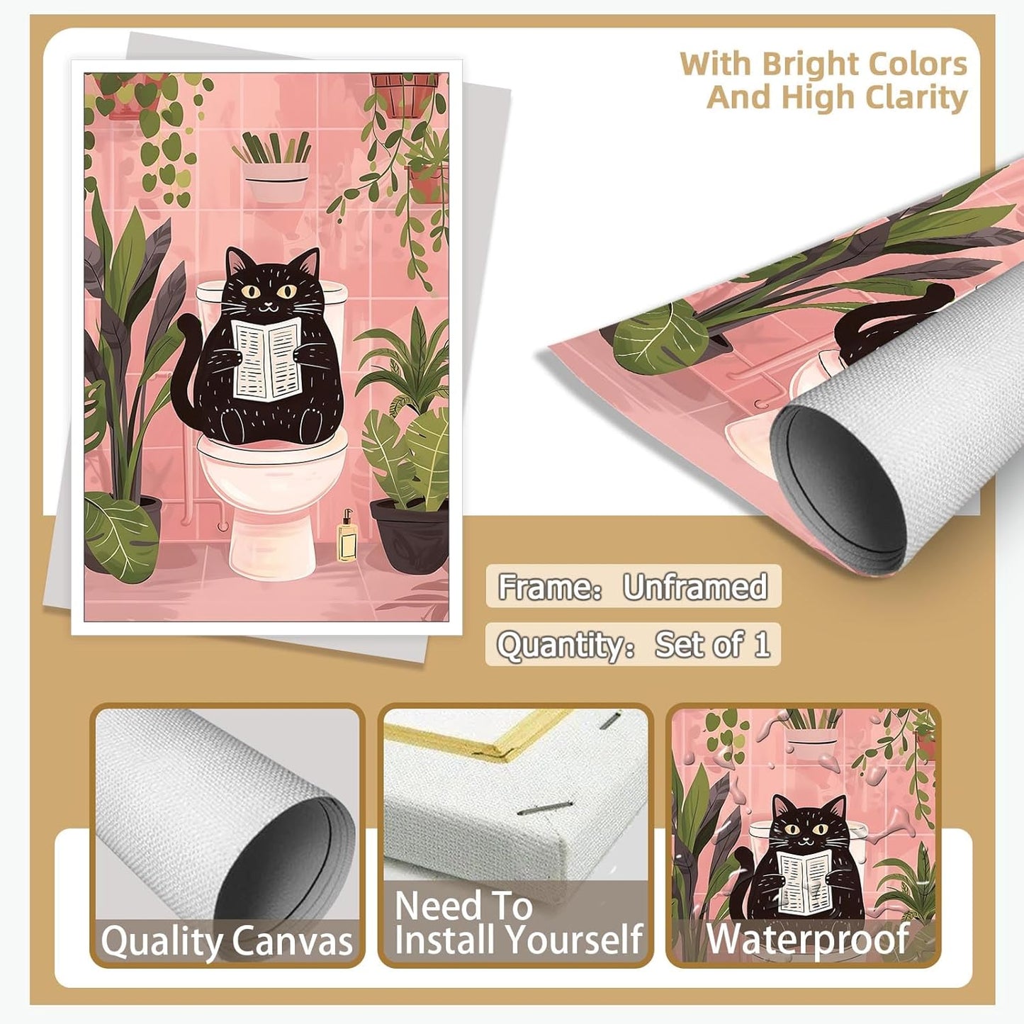 DVBOCS Funny Bathroom Black Cat Posters Cute Pets Cat Reading Newspaper On The Toilet Wall Art Print Vintage Cute Humorous Animal Plants Poster For Bathroom Toilet Decor 12x16in Unframed