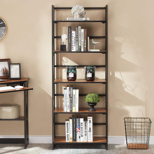 VECELO 5 Tier Bookshelf, Industrial Folding Bookcase with Metal Frames,Modern Standing Storage Rack Shelf Organizer for Home and Office,