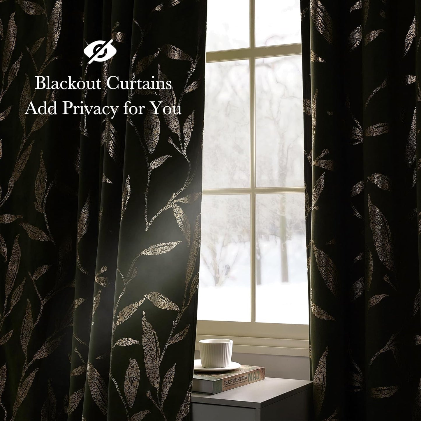 NICETOWN Olive Green Velvet Curtains with Gold Foil Leaf Print – Vintage Drapes for Bedroom, Luxury Botanical Window Treatments for Cottagecore & Mid-Century Decor, Thermal Rod Pocket, W50 x L84