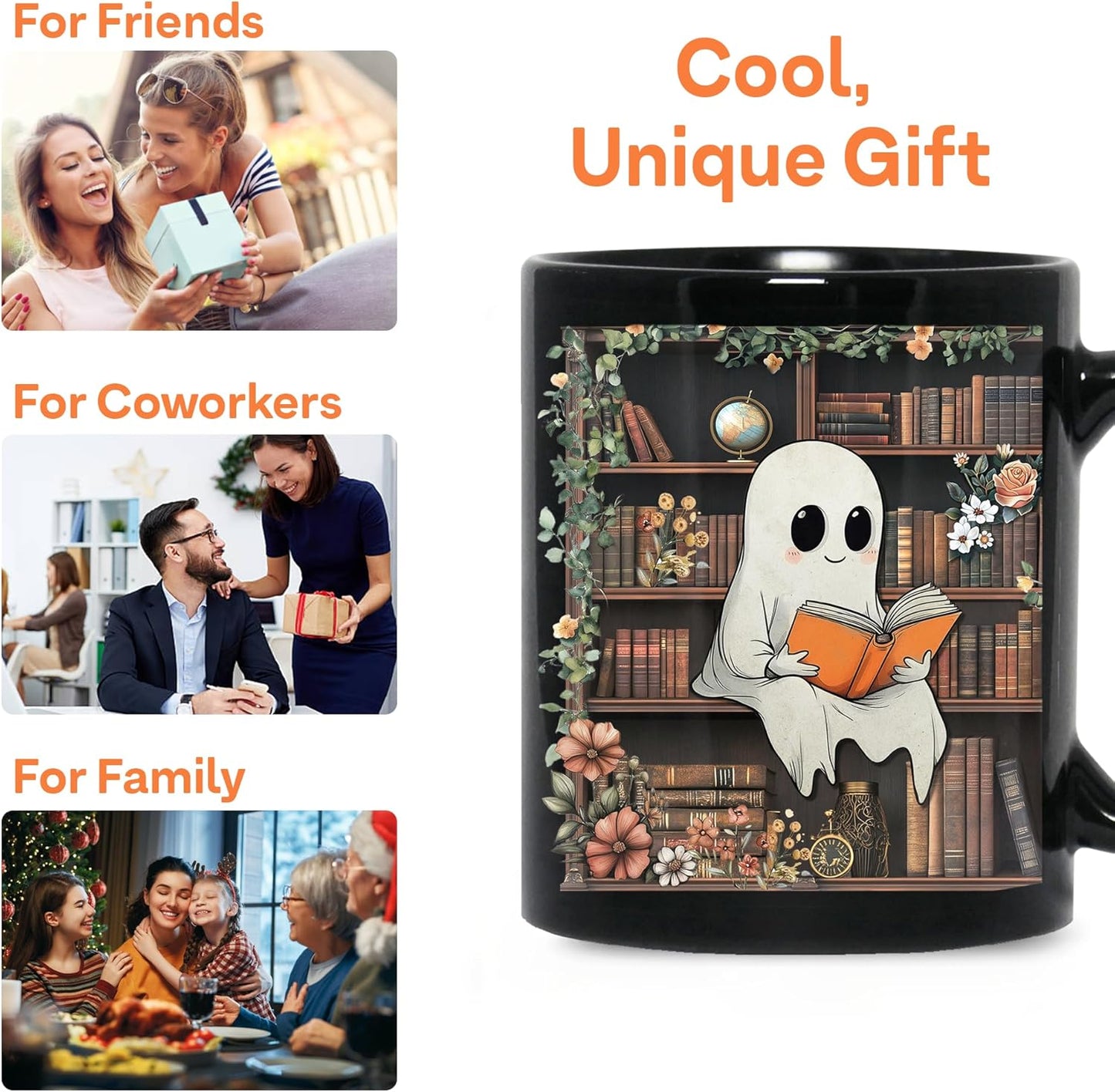 Cute Ghost Reading Mug Gifts on Birthday, Christmas, Funny Book Lover Coffee Mug For Readers, Bookish Decor for Women, Just One More Chapter, Book Club Gifts 11oz Black Ceramic Tea Cup
