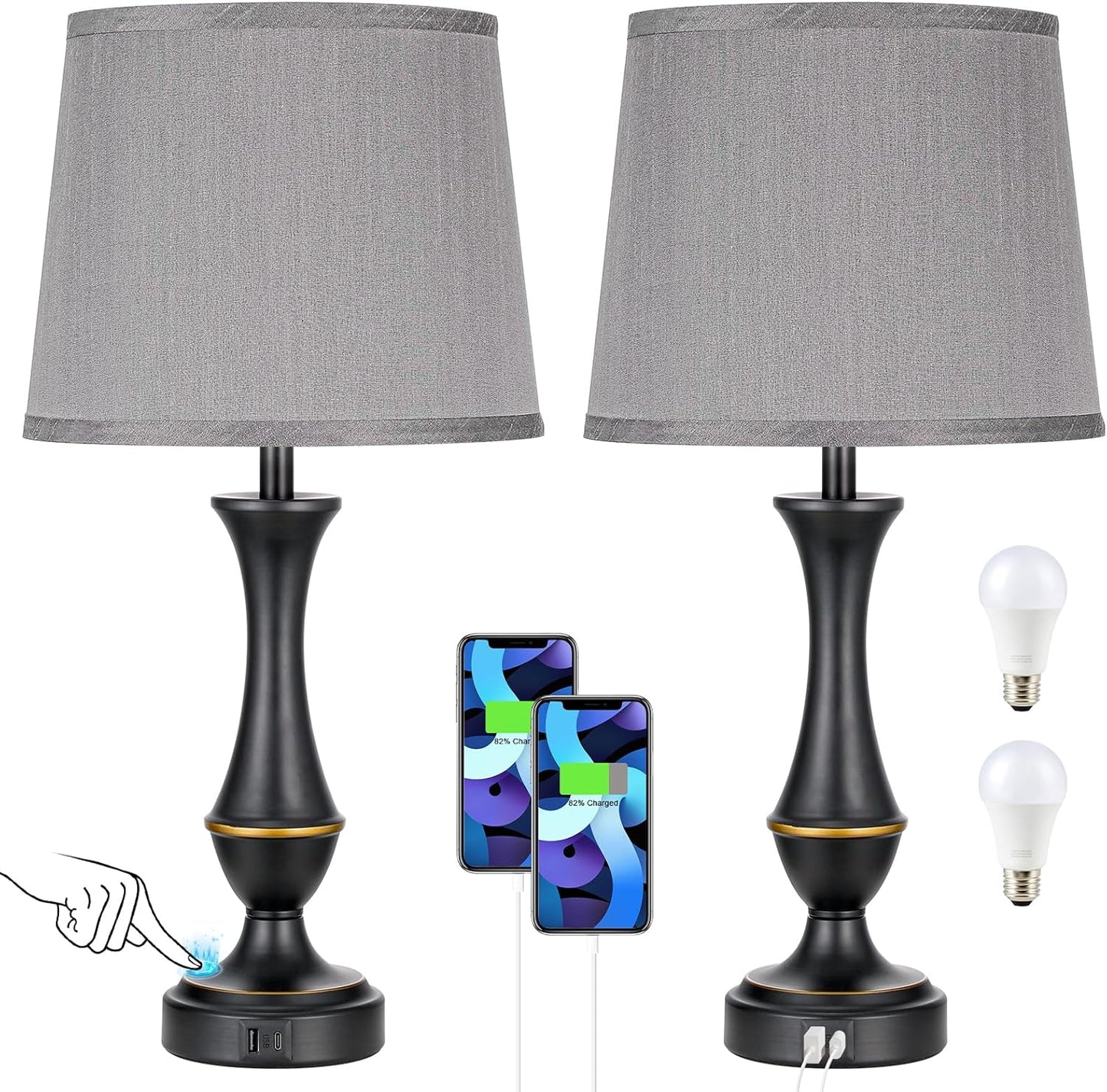 Seealle Upgraded Touch Lamps for Bedrooms Set of 2 - Nightstand Table Lamp with USB C+A, 3 Way Dimmable Lamps for Living Room(Grey)