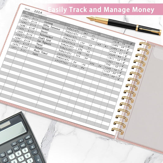 HAUTOCO Hardcover Accounting Ledger Book for Small Business Bookkeeping Horizontal Money Expense Tracker Notebook with 2 Storage Pouch, Personal Columnar Log Journal 10.78 x 8'', Rose Gold