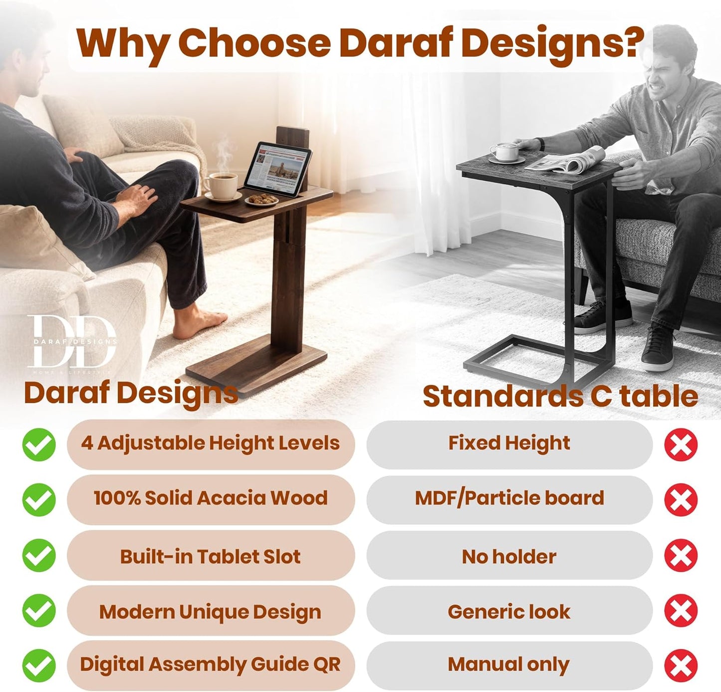 C Table, Premium Solid Acacia Wood, Adjustble Hight and Tablet Holder, Side Tabel for Sofa and Bad
