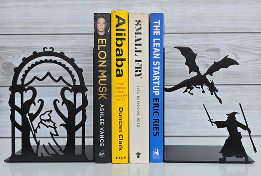 Decorative bookends for Shelves, 7 Inch Tall Heavy Metal Bookends, Unique Bookends, Non Skid Book Ends, Book Stopper for Home/Office Decor/Shelves, Wizard and Dragon Design, Black, 3lb