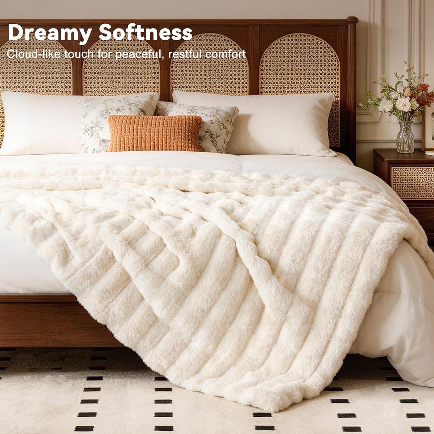 Faux Fur Throw Blanket for Couch,Cozy Soft Plush Thick Striped Luxury Blanket for Sofa Living Room Bedroom,50 * 60 Inches, White