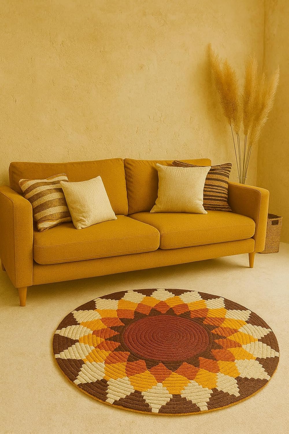 Round Geometric Area Rug, Sunburst Mandala Circle Carpet in Brown Yellow Orange Cream, Soft Decorative Floor Rug for Living Room Bedroom, Boho Farmhouse Home Decor-(6X6 ft Round)