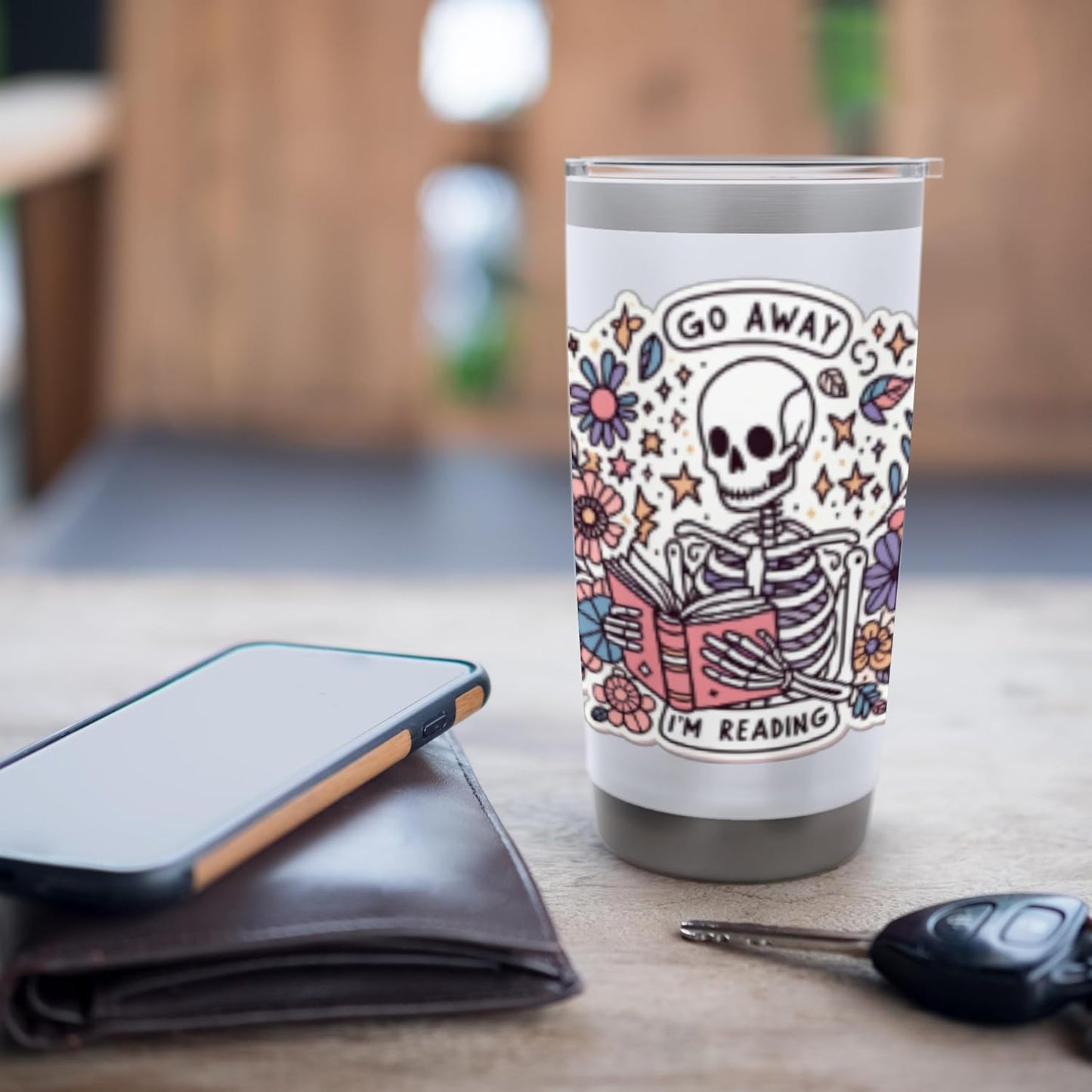 Go Away I'm Reading Funny Skeleton Book Lovers Bookish Skull Stainless Steel Insulated Tumbler