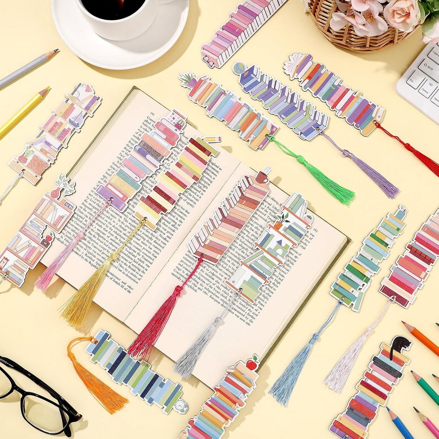 60 Pcs Wooden Bookmarks for Book Lovers - 15 Designs With Tassel - Retro Bulk Bookmarks for Reading, Gifts for Men, Women, Teachers, Students - Birthday, Book Club, Party Favors