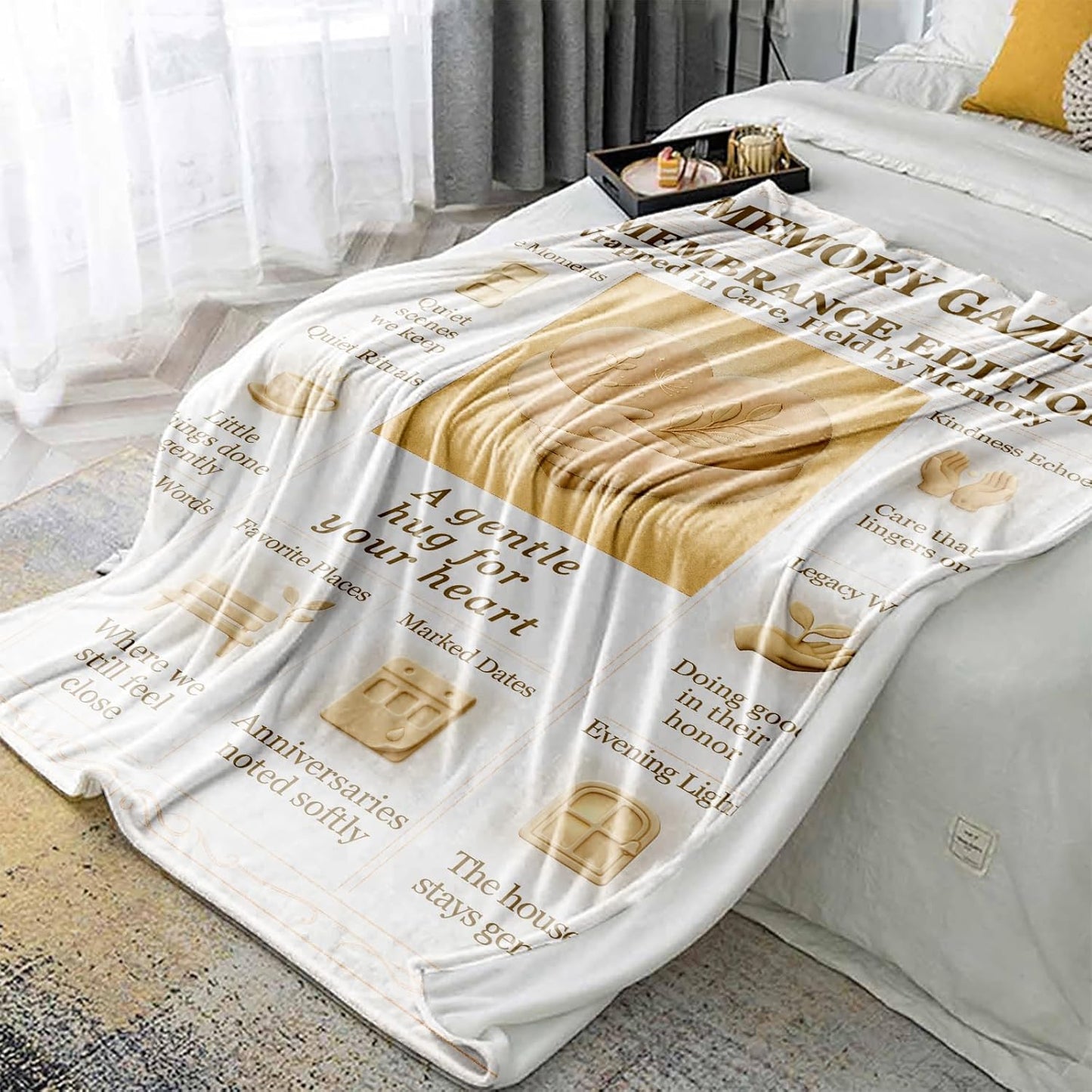 Memorial Sympathy Blanket 60x50, Remembrance Throw for Loss of Loved One, Soft Flannel Comfort Gift for Grieving Women & Men, Neutral Beige Home Decor
