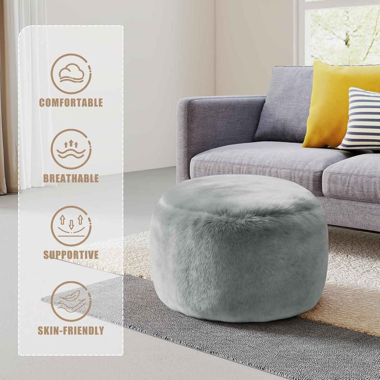 Round Stuffed Pouf Ottoman for Foot Rest, A Round Modern Foam Filled Poufs, Floor Chair for Living Room, Nursery, Dorm, A Soft Modern Foot Stool Perfect to Rest Your Feet (Grey, 20Inch)