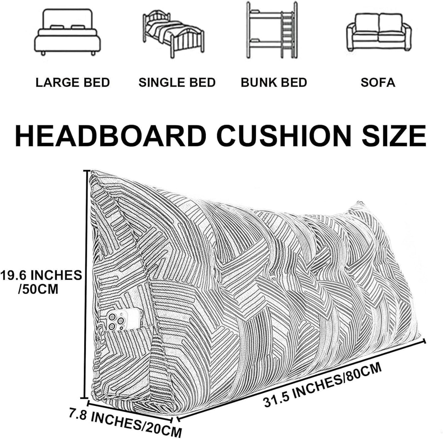 Wedge Headboard Pillow, Bed/Sofa Wedge Reading Pillow, Queen Throw Pillow/Bedside Cushion, Queen Back Wedge Pillow with Side Pockets and Removable Coverfor Sitting in Bed Backrest Positioning Support