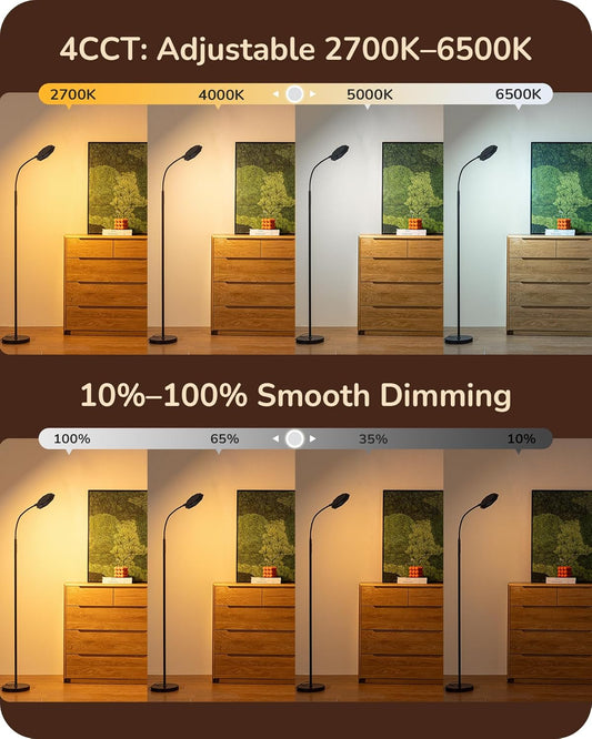 EDISHINE Modern LED Floor Lamp, 1300LM Bright Floor Lamps for Living Room, 4 Color Temperature Dimmable Reading Lamp, Remote & Touch Control, 2 Timer, Adjustable Gooseneck for Bedroom Office Brown