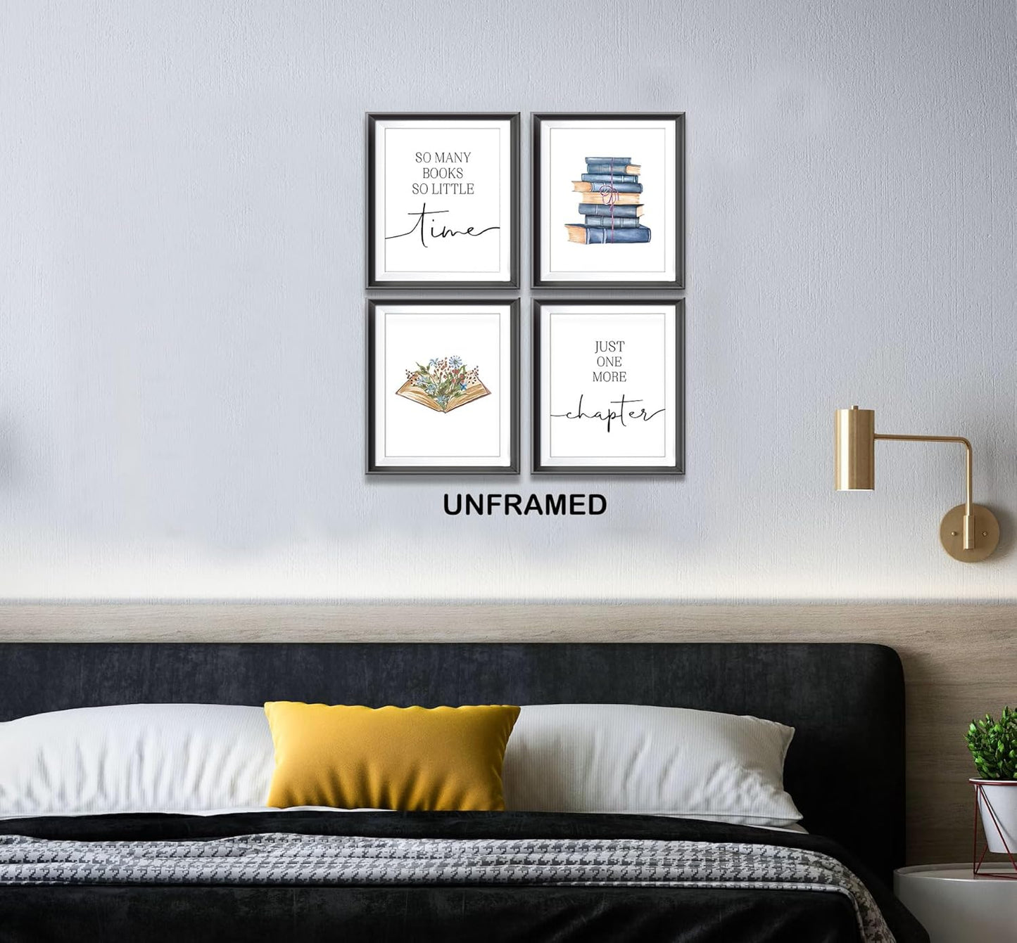AEHIE So Many Books So Little Time Wall Art Print, Just One More Chapter Poster Prints for Reading Corner Decor, Funny Quote Wall Decor, Book Floral Wall Art, 4pcs 8x10inch