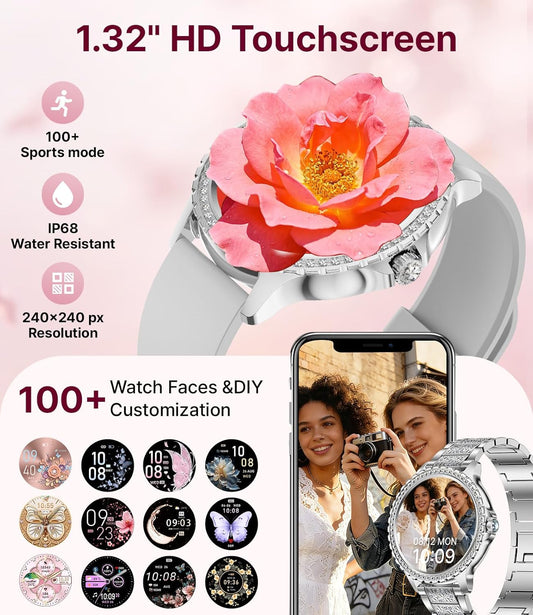 LIGE Smart Watches for Women,1.32" HD Fitness Tracker Watch with Answer/Make Call,AI Voice Control,Heart Rate/Calories/SpO2 Monitor 100+ Sport Modes Ladies Silver Smart Watch for Android iOS 2 Straps